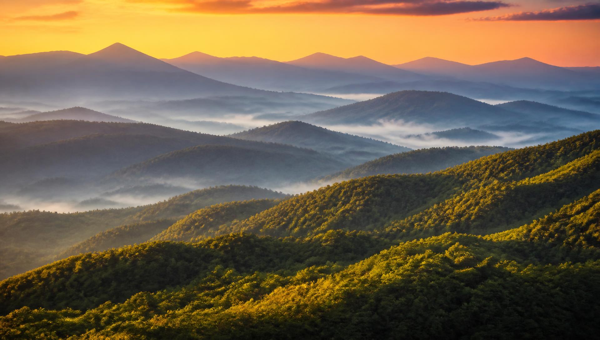 Sunrise over the layered ridgelines of the Great Smoky Mountains in East Tennessee